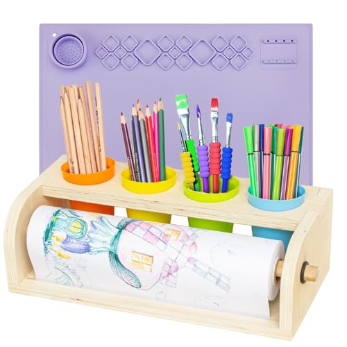 Tisch-Papierrollenspender, Staffelei-Papierrolle, Kinder-Kunst-Staffelei, Kinder-Zeichenset mit X-Malmatte, Staffelei, Zigarettenpapier, Stiftbehälter und Doodle Pens – DlY Fun! von NEW NOAM