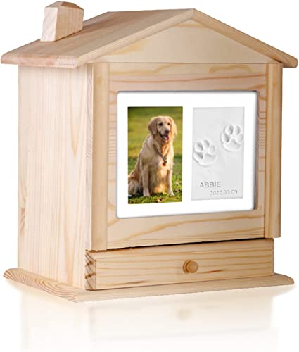 NEWDREAM Haustierurnen für Hunde Asche, DIY - Hundeurnen für Asche, Haustierurnen für Katzen, Holzhütte, Haustier-Gedenkschattenbox mit Bilderrahmen und Pfotenabdruck-Kit, personalisierte Holz-Urnen von NEWDREAM