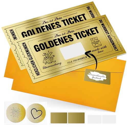 NEWJEK 2 Stück Goldenes Ticket Gutschein Rubbel, Goldenes Ticket mit Umschlag, Wunschgutschein zum Selber Ausfülle, Gutscheinkarte Zu Weihnachten, Geschenk Idee für Freundin Mama Kind von NEWJEK