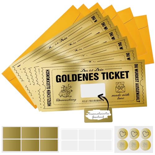 NEWJEK 6 Stück Goldenes Ticket Gutschein Rubbel, Goldenes Ticket mit Umschlag, Wunschgutschein zum Selber Ausfülle, Gutscheinkarte Zu Weihnachten, Geschenk Idee für Freundin Mama Kind von NEWJEK