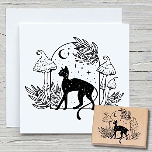 NEWSTAMPS Stempel Mystische Katze Motivstempel aus Holz & Gummi zum Karten und Geschenke basteln, Holzstempel für Tiere, Nacht, Magie, Scrapbook, Textilstempel, Deko, Freunde von NEWSTAMPS DIE STEMPELMACHER