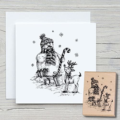 NEWSTAMPS Stempel Schneemann mit Rentier Motivstempel aus Holz & Gummi zum Karten und Geschenke basteln, Holzstempel für Weihnachten, Weihnachtskarte, Advent, Scrapbook, Textilstempel, Deko, Freunde von NEWSTAMPS DIE STEMPELMACHER