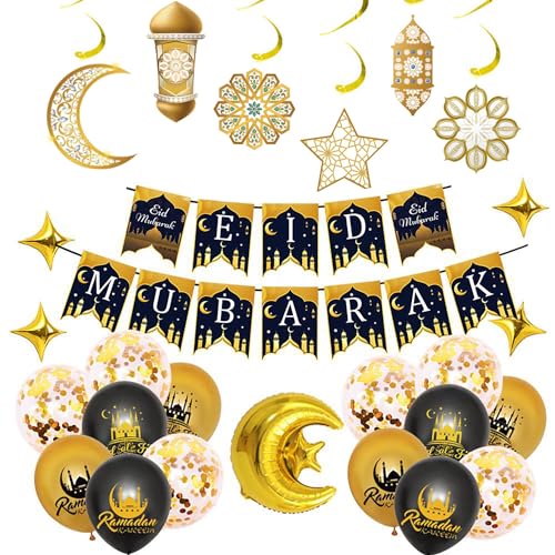 Eid Mubarak Ballons Dekoration Set Eid Mubarak Aufhängen Banner Eid Luftballons Gold Ballons und Eid Folienballon Stern und Mond Girlande für Eid Mubarak Ramadan Feier von NEWUPZSI