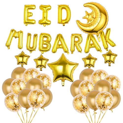 Eid Mubarak Gold Ballons Ramadan Mubarak Luftballons Folienballons Banner Latex Ballon Perfekt für Ramadan Party Dekorationen Supplie Eid Mubarak Decoration, Ramadan Party Dekoration Zubehör von NEWUPZSI