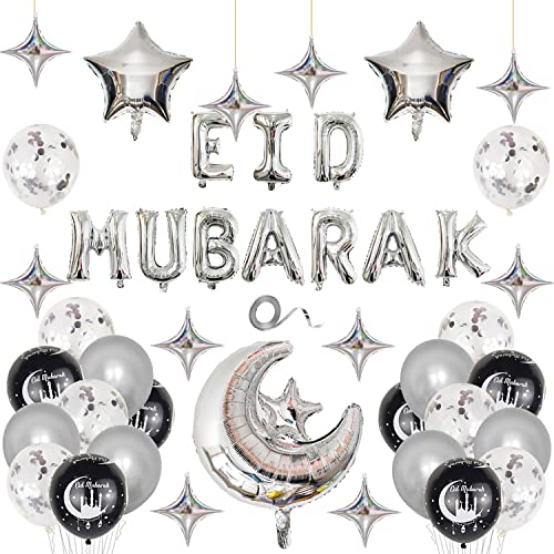 Eid Mubarak Silber Ballons Ramadan Mubarak Luftballons Folienballons Banner Latex Ballon Perfekt für Ramadan Party Dekorationen Supplie Eid Mubarak Decoration, Ramadan Party Dekoration Zubehör von NEWUPZSI