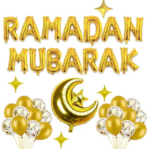 Ramadan Mubarak Gold Ballons Dekoration Set Ramadan Mubarak Banner Eid Latex Luftballons Set Torteneinlagen, Islamic ramazan Party Dekorationen für Ramadan Party Dekoration Zubehör von NEWUPZSI