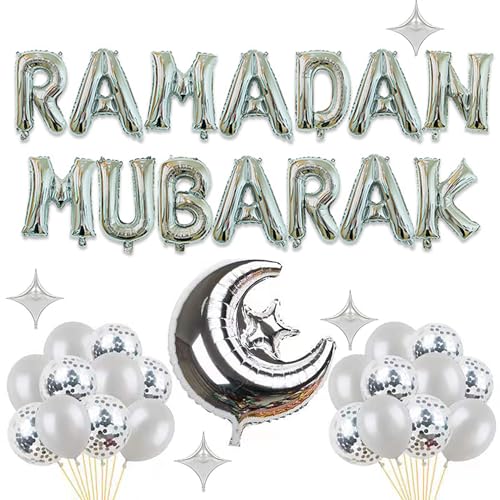 Ramadan Mubarak Silber Ballons Dekoration Set Ramadan Mubarak Banner Eid Latex Luftballons Set Torteneinlagen, Islamic ramazan Party Dekorationen für Ramadan Party Dekoration Zubehör von NEWUPZSI