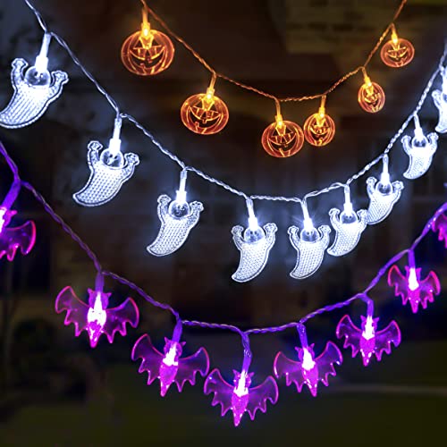 NEXVIN Halloween Deko, 3 Stück Halloween Lichterkette Batterie 3 Meter 20 LED Orange Kürbisse, Lila Fledermäuse, Weiße Geister Lichterkette für Außen Innen Halloween Garden Deko von NEXVIN