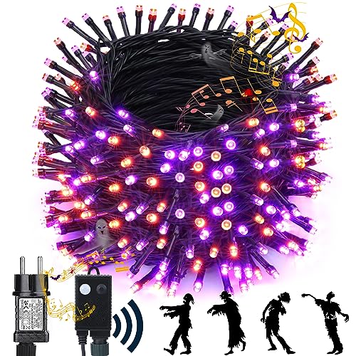 NEXVIN Halloween Deko Outdoor mit Lichterkette und Horror Sound, 25M 200LED Halloween Lichterkette Lila Orange, Memory Funktion & 6 Modi, Wasserdichte Halloween Lichterkette für Innen Garten Party von NEXVIN