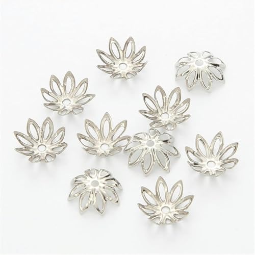 100 Stück 5 Farben Zinklegierung Blumen Perlenkappen 11 mm Abstandshalter Loos Charm Perlenkappe zur Schmuckherstellung DIY Beschläge Zubehör D425 (Farbe: Rhodium, Größe: 11 mm 100 Stück) - 11 m von NGHRDGD