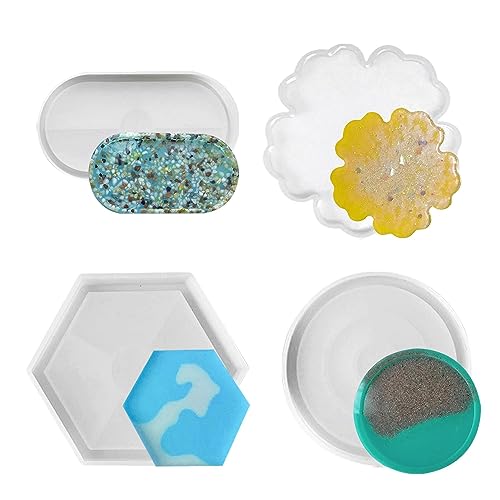 4 Stück silikon Untersetzerform Epoxidharz Formen, Runde Oval Sechseck Blume Epoxidharz Gießen Formen für Gießen mit Harz Zement Polymer-Ton, DIY Craft Zubehör(Weiß) von NHBETYS