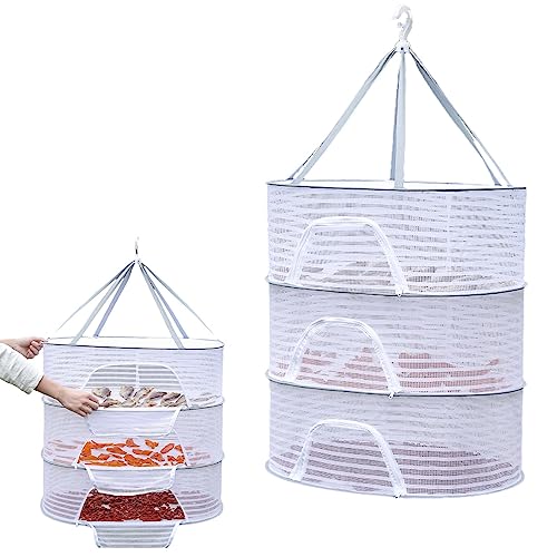 NHBETYS 3-lagiger Hängendes Kräuter Trockengestell Trockennetz, Faltbar Mesh Hängenetz mit Reißverschluss, Outdoor-Trockengestell, Netztrockner für Trocknen Kräutern Gemüse Früchten(Size:M) von NHBETYS