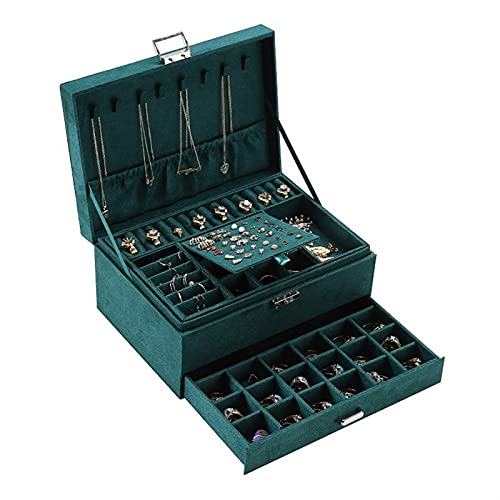 Schmuckkästchen, grün, 3-lagig, Flanell, Schmuck-Organizer, Halsketten, Ohrringe, Ringe, Präsentationshülle für Damen, große Kapazität, Schmuckschatullen von NHFUGRSUTRRRRR