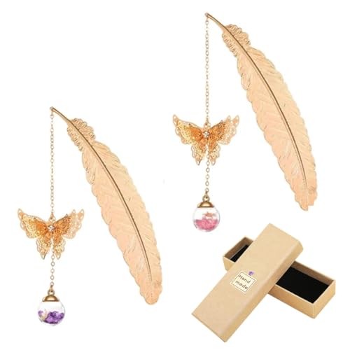 NHPY 2PCS Metall Feder Lesezeichen,Geschenk Freundin,Lesezeichen Personalisiert,Mit Elegant Schmetterling und Glasperlen Ewige trockene Blume Anhänger Erwachsene und Studenten von NHPY