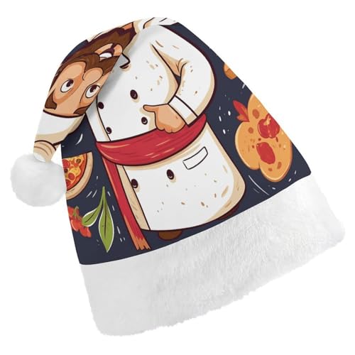 NHYDSPQ Weihnachtsmütze, Koch-Pizza-Druck, Weihnachtsmannmütze, Unisex, bequeme Weihnachtsmütze von NHYDSPQ