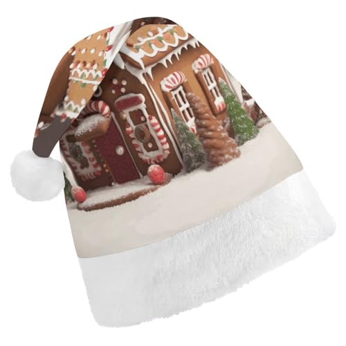 NHYDSPQ Weihnachtsmütze, Lebkuchenhaus-Druck, Weihnachtsmannmütze, Unisex, bequeme Weihnachtsmütze von NHYDSPQ