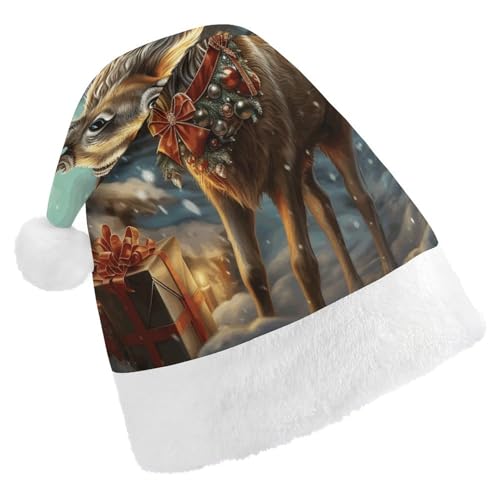 NHYDSPQ Weihnachtsmütze, Weihnachtsgeschenk, Rentier-Druck, Weihnachtsmütze, Weihnachtsmannmütze, Unisex, bequeme Weihnachtsmütze von NHYDSPQ