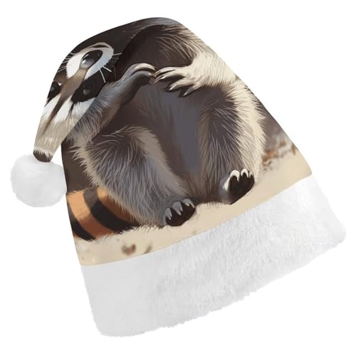 NHYDSPQ Weihnachtsmütze, niedlicher Waschbär-Druck, Weihnachtsmannmütze, Unisex, bequeme Weihnachtsmütze von NHYDSPQ