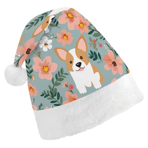 NHYDSPQ Weihnachtsmütze für Erwachsene, Corgi-Blumen-Sprint-Weihnachtsmannmütze, Weihnachtsmannmütze, Urlaub, Unisex, bequeme Weihnachtsmütze von NHYDSPQ