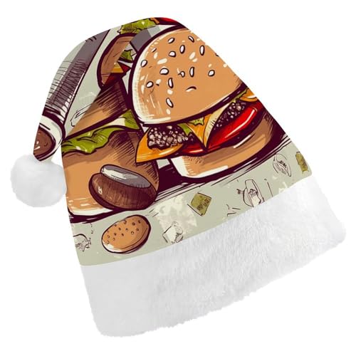 NHYDSPQ Weihnachtsmütze für Erwachsene, Hamburger und Mugsprint, Weihnachtsmannmütze, Unisex, bequeme Weihnachtsmütze von NHYDSPQ