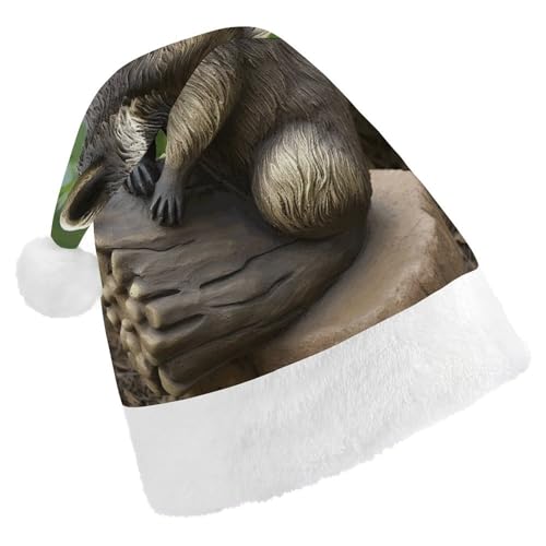 NHYDSPQ Weihnachtsmütze für Erwachsene, Waschbär-Statue-Druck, Weihnachtsmannmütze, Urlaub, Unisex, bequeme Weihnachtsmütze von NHYDSPQ