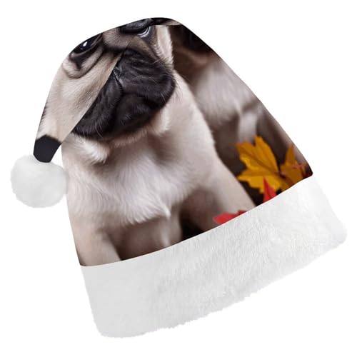 NHYDSPQ Weihnachtsmütze für Erwachsene, Welpen, Mops-Druck, Weihnachtsmannmütze, Urlaub, Unisex, bequeme Weihnachtsmütze von NHYDSPQ