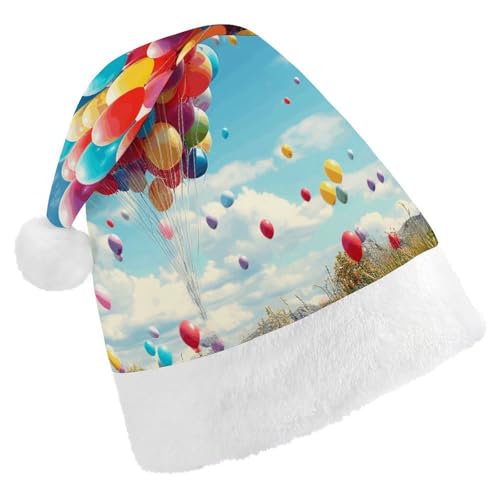 NHYDSPQ Weihnachtsmütze für Erwachsene, bunte Luftballons, blauer Himmeldruck, Weihnachtsmannmütze, Urlaub, Unisex, bequeme Weihnachtsmütze von NHYDSPQ