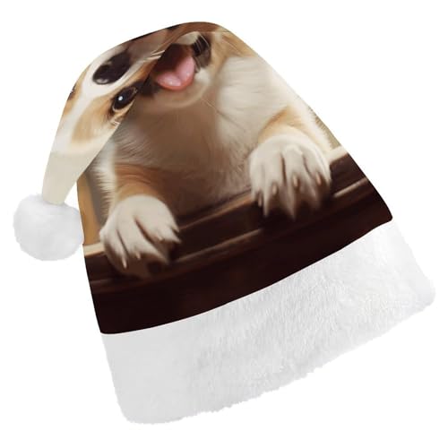 NHYDSPQ Weihnachtsmütze für Erwachsene, niedlicher Corgiprint Weihnachtsmannmütze, Weihnachtsmütze, Unisex, bequeme Weihnachtsmütze von NHYDSPQ