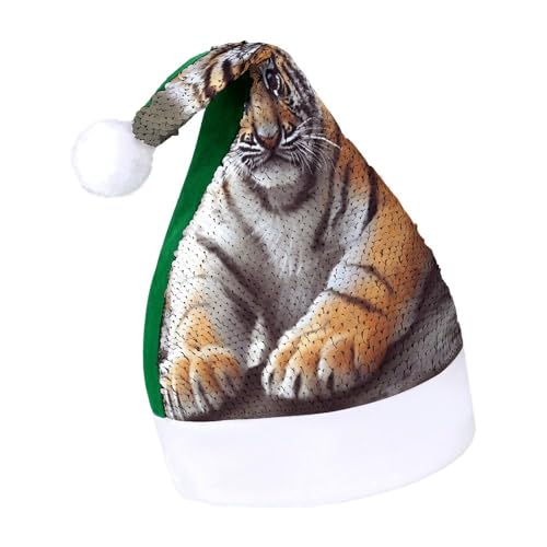 NHYDSPQ Weihnachtsmütze mit Pailletten, niedlicher Tiger-Druck, Weihnachtsmütze, Weihnachtsmütze mit Pailletten von NHYDSPQ