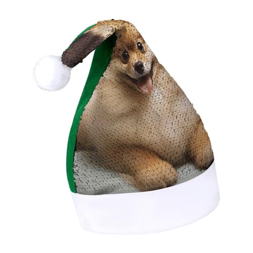 NHYDSPQ Weihnachtsmütze mit Pailletten, niedlicher Zwergspitz-Hunde-Druck, Weihnachtsmütze, Weihnachtsmütze, Pailletten-Weihnachtsmütze von NHYDSPQ