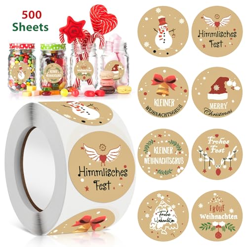 500 Stück Weihnachtsaufkleber, 4cm Weihnachten Rund Etiketten Sticker, Weihnachtsaufkleber Rolle Geschenkaufkleber Kraftpapier Frohe Weihnachten, für Umschlag Grußkarten Geschenktüten von NHYDZSZ