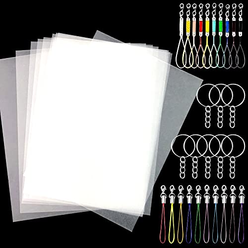 NICAVKIT 70pcs Schrumpffolie Set, A4 schrumpffolienplatten matt Transparent Bastelfolie Schrumpffolie, schrumpfende Plastikfolien set inklusiv 20 Blatt A4 Schrumpffolien, und 50pcs Schlüsselanhänger von NICAVKIT