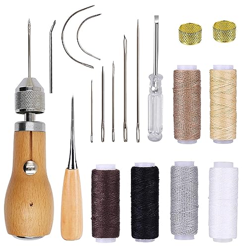 NICAVKIT Leder Nähset, Lederhandwerk Ledernähset Enthalten Leder Nähahle,Hand Ledernadeln,6 Rollen Leder Wachsfaden,Mit 7Pcs Nadel, Messingring,Spule,Greifer,Leder Werkzeuge Set für DIY Handwerk von NICAVKIT