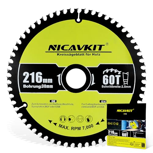 NICAVKIT Ø216 x 30 mm Kreissägeblatt für Holz (Sägeblatt für Holz, Ø216 x 30 x 2,5 mm, 60 Zähne, Zubehör Kreissäge) Hartmetall-Zähne kreissägeblätter, Geeignet für Weich- und Hartholz von NICAVKIT