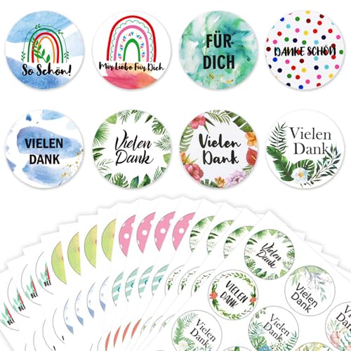 NICECONE 192 Stück Dankeschön-Aufklebern, 16 Bögen 3,5 cm rund selbstklebende Blumen-Regenbogen-Aquarell-Etiketten Dankeschön-Partygeschenkaufkleber Runde Geschenkaufkleber von NICECONE