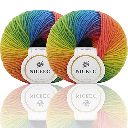 2 Knäuel Rainbow Soft Garn, 100% Wolle, Farbverlauf, mehrfarbiges Garn zum Häkeln, Stricken, Gesamtlänge 180 m × 2,50 g × 2,11 von NICEEC