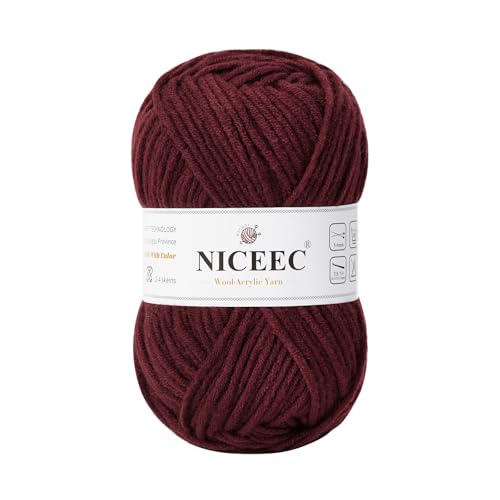 NICEEC 1 Knäuel, weiches Woll-Acrylgarn zum Stricken, Kammgarn, Qualitätsgarn für Bastelarbeiten, Wollmischgarn zum Häkeln, Deckengarn (100 g, 150 m), Purpurrot von NICEEC