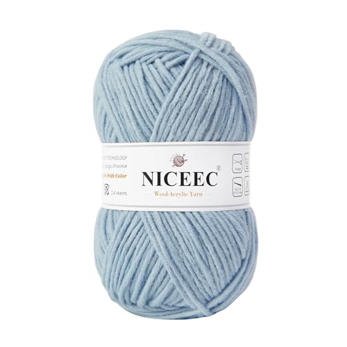 NICEEC 1 Knäuel weiches Woll-Acrylgarn zum Stricken, Kammgarn, Qualitätsgarn für Bastelarbeiten, Wollmischgarn zum Häkeln, Deckengarn (100 g, 150 m), Hellblau von NICEEC