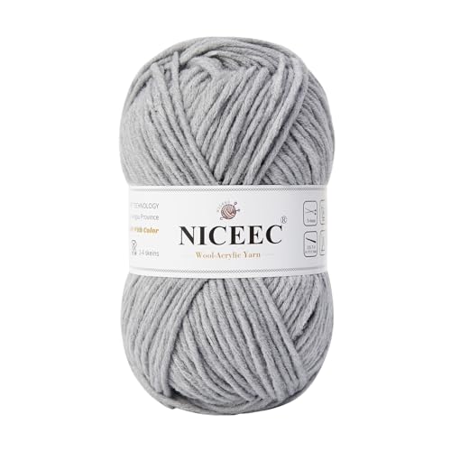 NICEEC 1 Knäuel weiches Woll-Acrylgarn zum Stricken, Kammgarn, Qualitätsgarn für Bastelarbeiten, Wollmischgarn zum Häkeln, Deckengarn (100 g, 150 m), Hellgrau von NICEEC