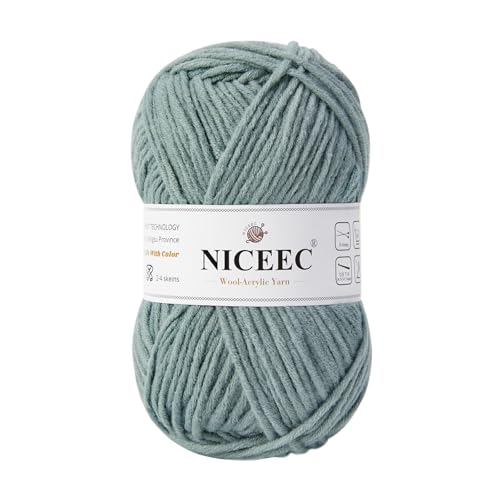 NICEEC 1 Knäuel weiches Woll-Acrylgarn zum Stricken, Kammgarn, Qualitätsgarn für Bastelarbeiten, Wollmischgarn zum Häkeln, Deckengarn (100 g, 150 m), Hellgraugrün von NICEEC