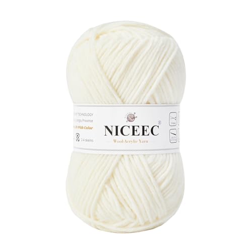 NICEEC 1 Knäuel weiches Woll-Acrylgarn zum Stricken, Kammgarn, Qualitätsgarn für Bastelarbeiten, Wollmischgarn zum Häkeln, Deckengarn (100 g, 150 m) - Weiß von NICEEC