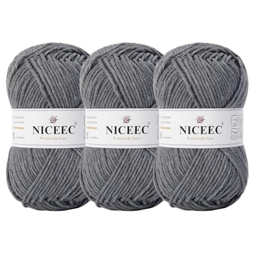 NICEEC 3 Knäuel, weiche Wolle, Acrylgarn zum Stricken, Kammgarn, Qualitätsgarn für Bastelarbeiten, Wollmischgarn zum Häkeln, Deckengarn (3 x 3,1,5 g, 3 x 150 m, Dunkelgrau) von NICEEC