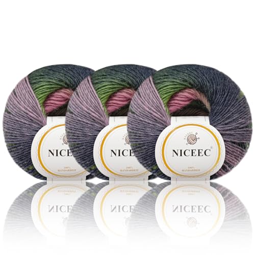 NICEEC 3 Knäuel, weiches Regenbogengarn, 100 % Wolle, Farbverlauf, mehrfarbiges Garn zum Häkeln, Stricken, Gesamtlänge 180 m × 3 (3,50 g × 3) – 7# von NICEEC