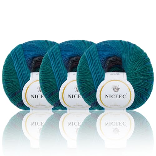 NICEEC 3 Knäuel, weiches Regenbogengarn, 100 % Wolle, Farbverlauf, mehrfarbiges Garn zum Häkeln, Stricken, Gesamtlänge 180 m × 3 (3,50 g × 3) – 8# von NICEEC