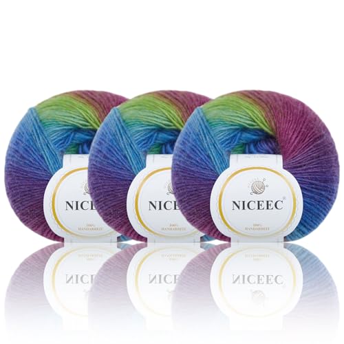 NICEEC 3 Knäuel, weiches Regenbogengarn, 100 % Wolle, Farbverlauf, mehrfarbiges Garn zum Häkeln, Stricken, Gesamtlänge 180 m × 3 (3,50 g × 3) – 9# von NICEEC