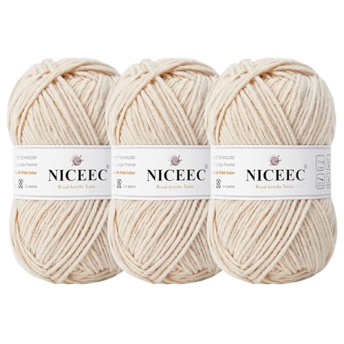 NICEEC 3 Knäuel, weiches Woll-Acrylgarn zum Stricken, Kammgarn, Qualitätsgarn für Bastelarbeiten, Wollmischgarn zum Häkeln, Deckengarn (3 x 3,1,5 g, 3 x 150 m, Beige von NICEEC