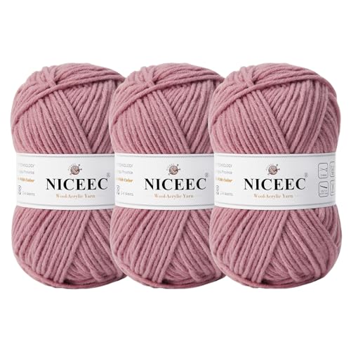 NICEEC 3 Knäuel, weiches Woll-Acrylgarn zum Stricken, Kammgarn, Qualitätsgarn für Bastelarbeiten, Wollmischgarn zum Häkeln, Deckengarn (3 x 3,1,5 g, 3 x 150 m, Elegance Rose) von NICEEC