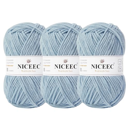 NICEEC 3 Knäuel, weiches Woll-Acrylgarn zum Stricken, Kammgarn, Qualitätsgarn für Bastelarbeiten, Wollmischgarn zum Häkeln, Deckengarn (3 x 3,1,5 g, 3 x 150 m, Hellblau von NICEEC