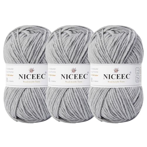 NICEEC 3 Knäuel, weiches Woll-Acrylgarn zum Stricken, Kammgarn, Qualitätsgarn für Bastelarbeiten, Wollmischgarn zum Häkeln, Deckengarn (3 x 3,1,5 g, 3 x 150 m, Hellgrau von NICEEC