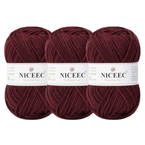 NICEEC 3 Knäuel, weiches Woll-Acrylgarn zum Stricken, Kammgarn, Qualitätsgarn für Bastelarbeiten, Wollmischgarn zum Häkeln, Deckengarn (3 x 3,1,5 g, 3 x 150 m, Purpurrot von NICEEC